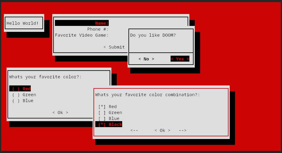 Image of cursed_widgets module running with 5 different widgets displayed on terminal.